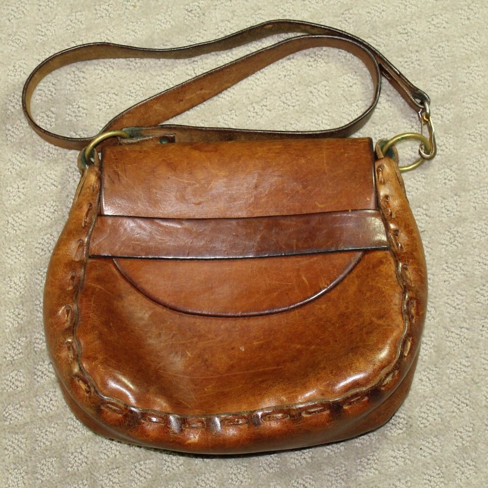 Vintage Fossil Cognac Heavy Saddle Leather Flap Crossbody Purse